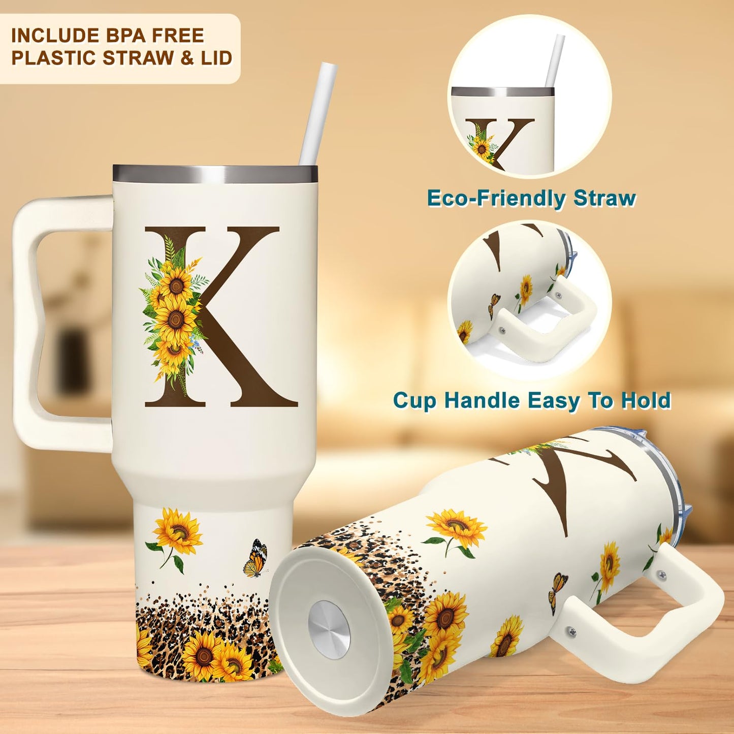 Sunflower Gifts For Women - Personalized Birthday Gifts For Women - Sunflowers Monogrammed Cup For Mother's Day - Customized Gifts For Mom, Grandma, Boss Lady, Her Tumbler With Handle 40oz