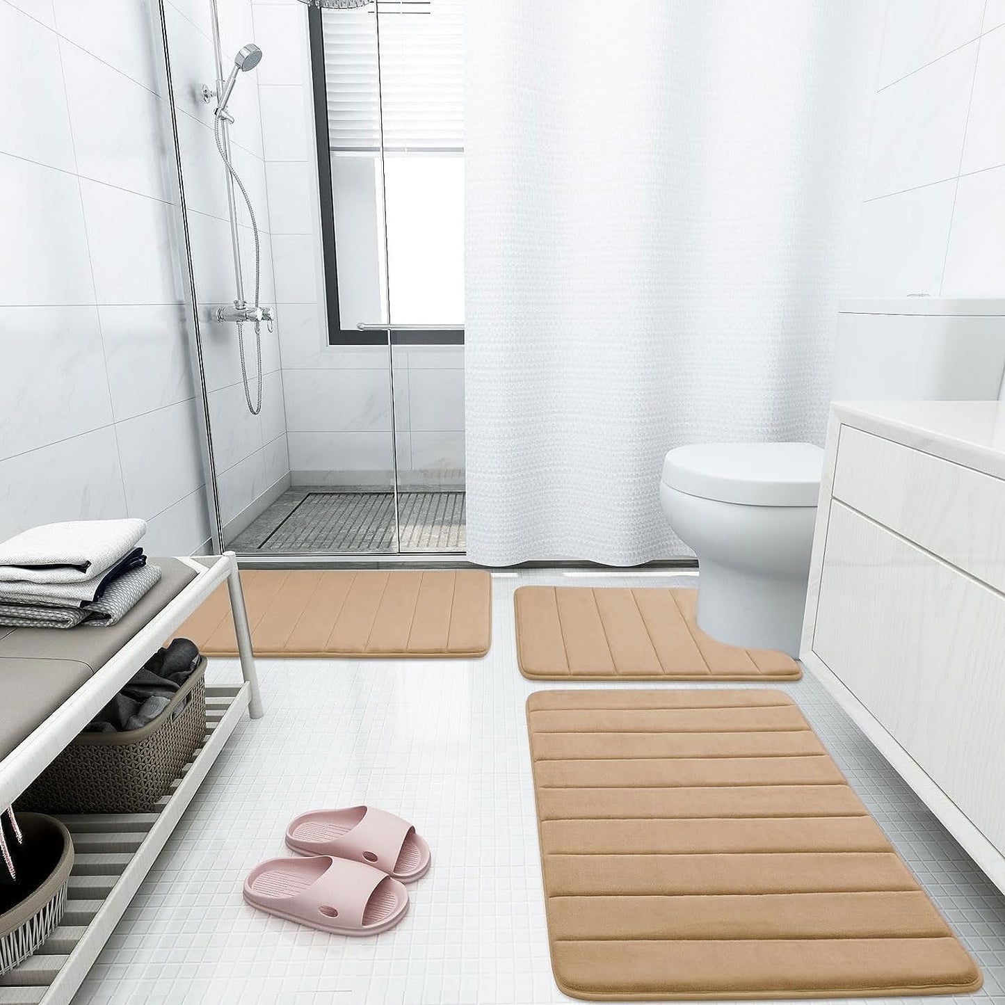 Buganda Memory Foam Bath Mat, 47" x 20", Ultra Soft and Non-Slip Bathroom Rugs, Water Absorbent and Machine Washable Bath Rug Runner for Bathroom, Shower, and Tub, Camel