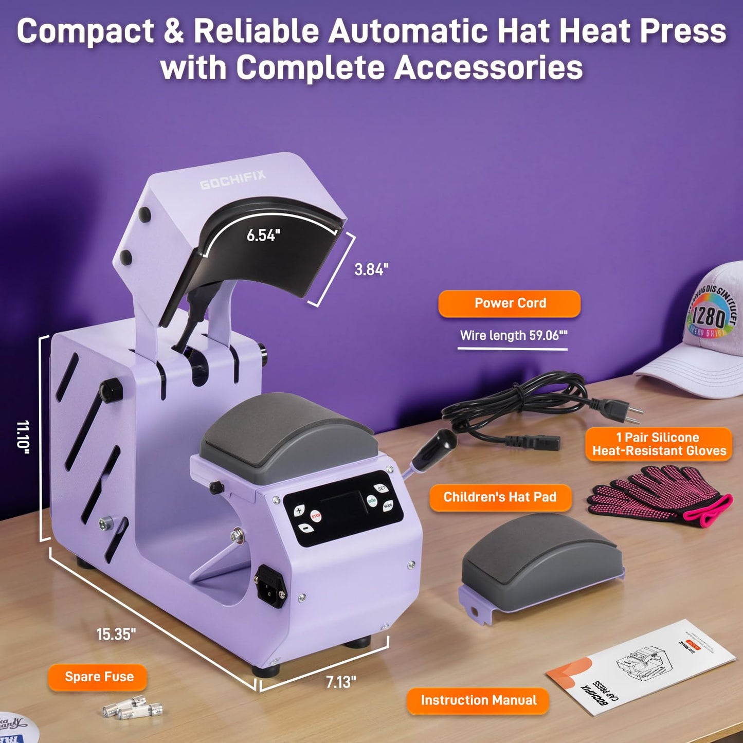 GOCHIFIX Auto Hat Heat Press Machine, Automatic Open/Release, 4 Memory Modes, Precise Temp/Timer Control, 6.54"x3.84"Curved Heat Plate, Hat Stretcher, for Caps, Sublimation, Vinyl, Heat Transfer