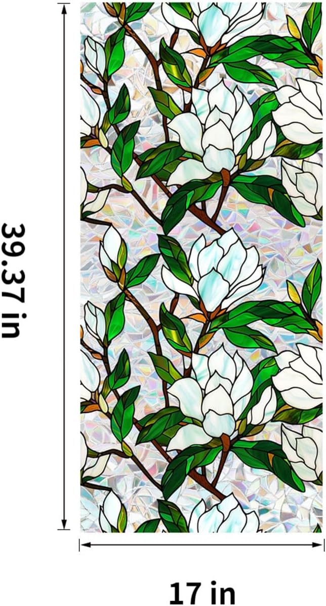 Stained Glass Window Film UV Resistant Window Privacy Film White Floral Privacy Rainbow Decals Living Room Bedroom Sun Blocking Decor Removable Static Cling Stickers 17 x 39.37 Inch