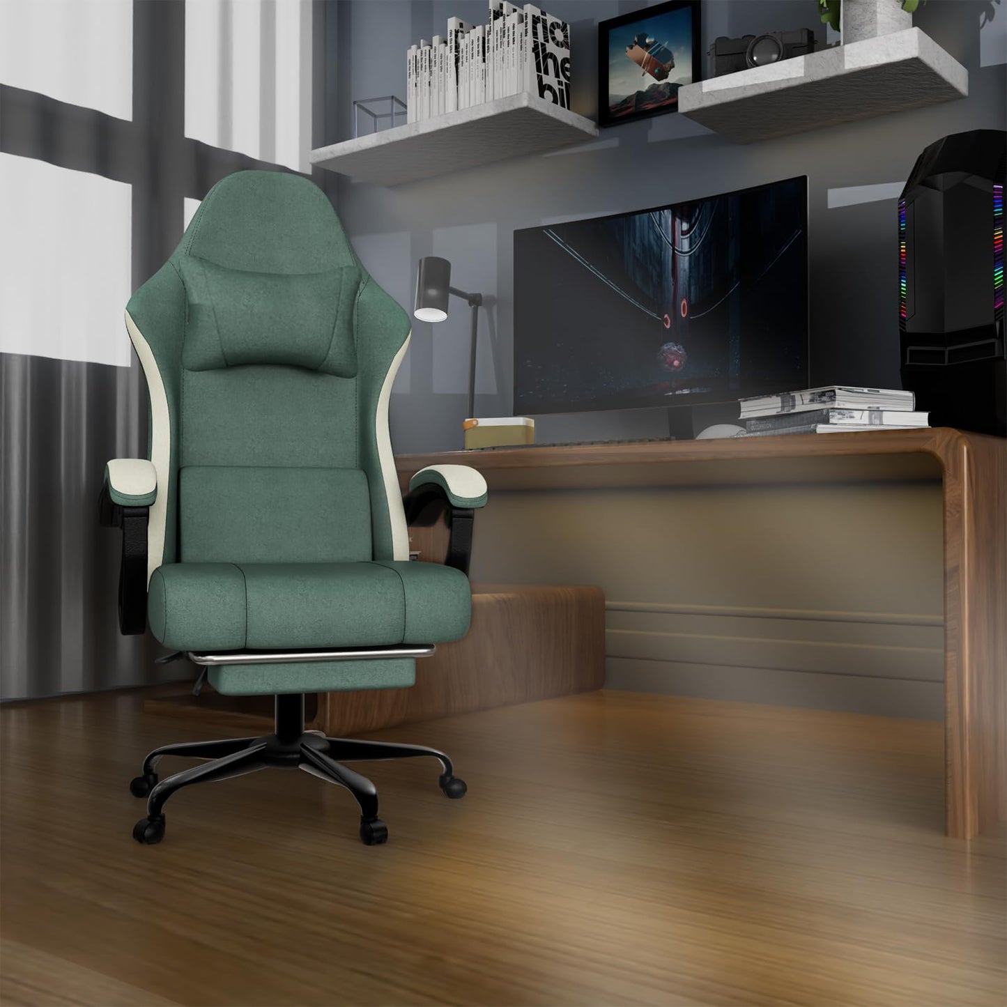 Ergonomic Gaming Chair with Pocketed Spring Cushion, Breathable Fabric Computer Chair with Footrest, Adjustable Lumbar Support Video Game Chair for Adults (Fabric, Blue)