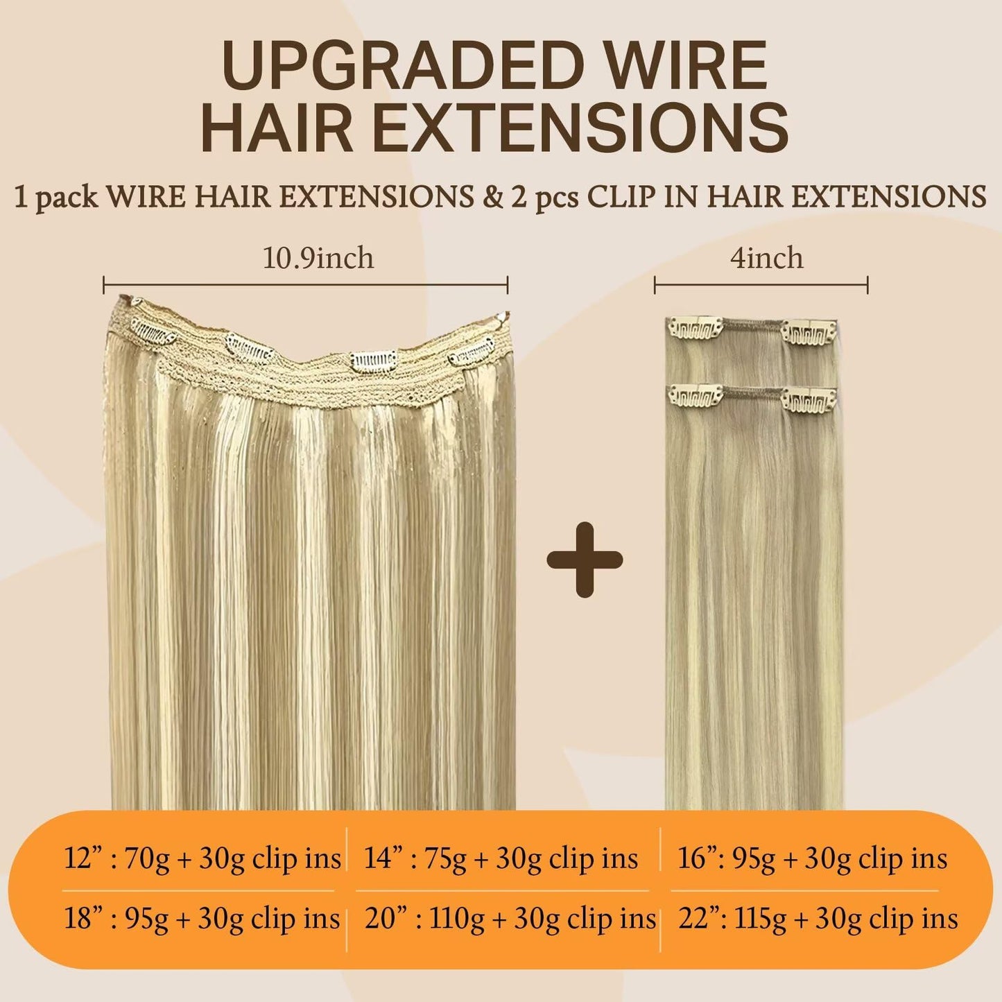 DOORES Wire Hair Extensions, 18 Inch 95g Fish Line Weft Extensions and 2pcs 30g Clip ins Light Blonde Highlighted Golden Blonde,