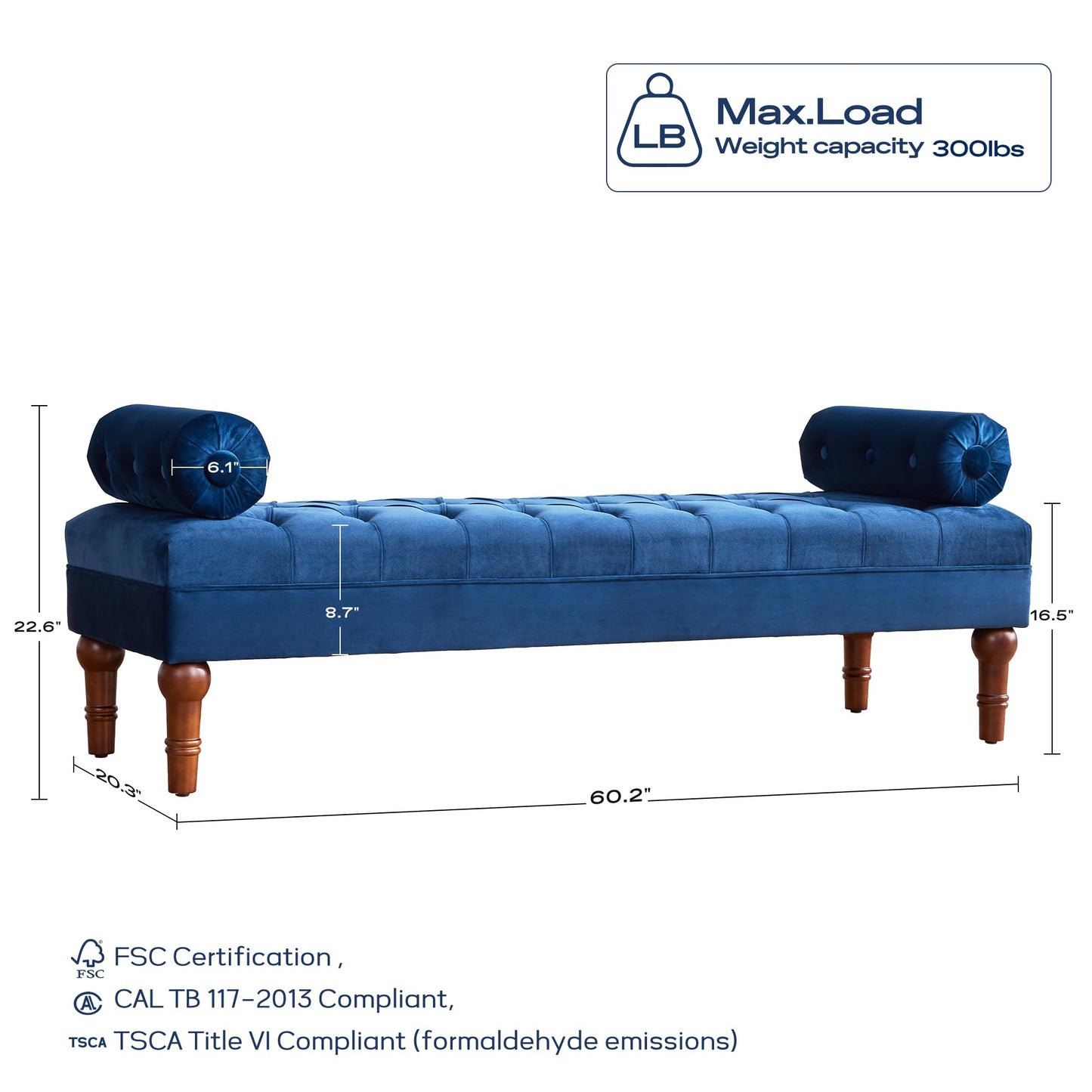 HUIMO 60.2" Velvet Bedroom Bench, Modern End of Bed Bench with Button-Tufted, Upholstered Large Ottoman Bench Seat, Entryway Benches for Living Room, Window, Closet (Blue)