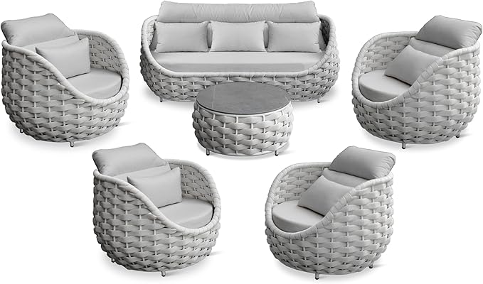Erotr Aluminum Rope Patio Furniture Set: 6 Pieces Assembled Outdoor Conversation Sofa Set for 7 - Modern Metal Couch Set Cushioned - All Weather Porch Seating for Deck Garden Pool Lanai Hotel, Gray