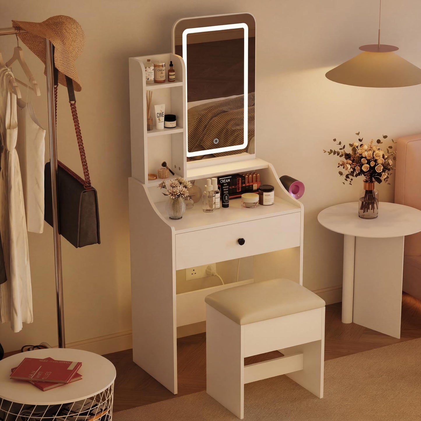 HAPPYMONT Small Vanity Desk with Charging Hub and Hair-Dryer Holder, Make up Mirror and Light Stepless Dimmable, Bedroom Dressing Table for Makeup, White