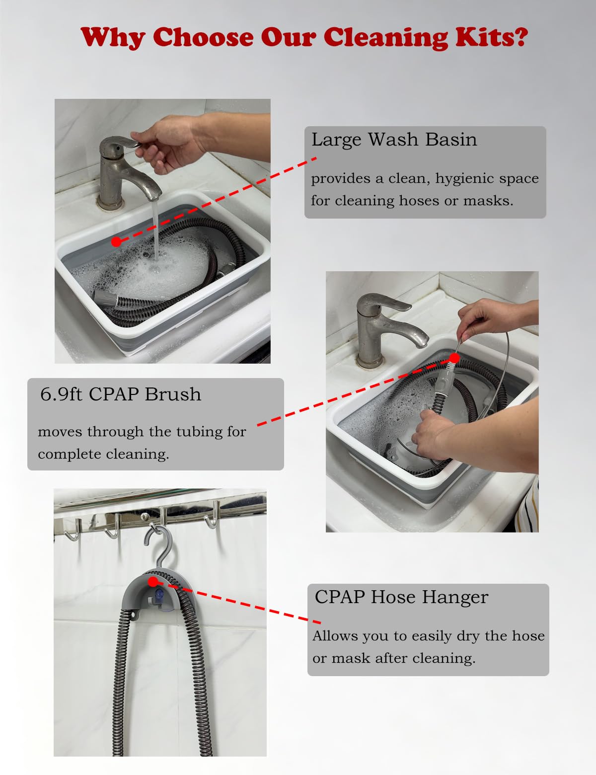 Theradaily CPAP Cleaning Kit for Hose and Mask, Cpap Machine Supplies Cleaner Includes Tube and Mask Cleaning Brush, Foldable Wash Tub, Hose Drying Hanger - Compatible with 22mm and 15mm Tubing