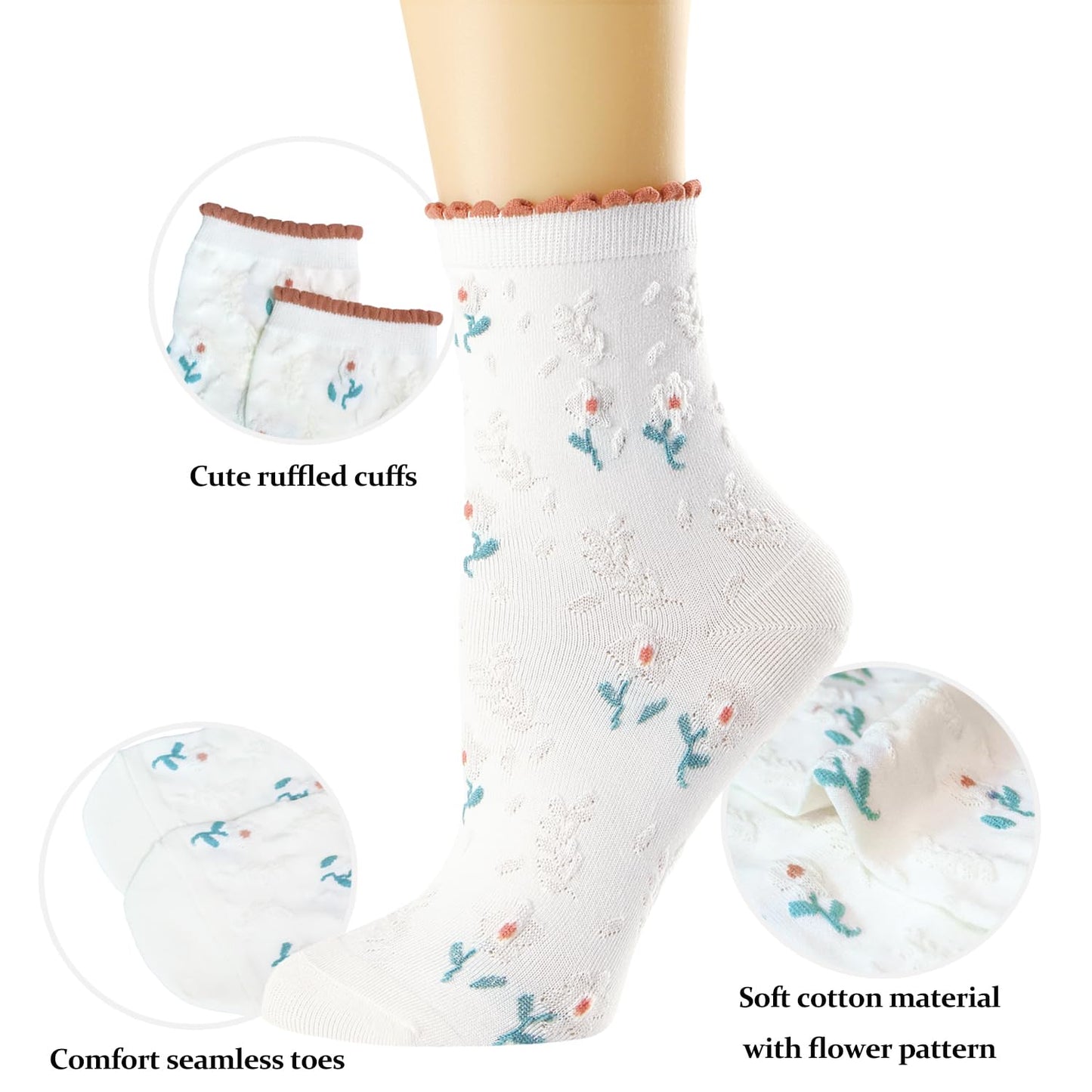 albagu Womens Crew Cute Socks Cotton Thin Breathable Casual Sock for Women Novelty Funny Flower Dress White Socks 5 Pack