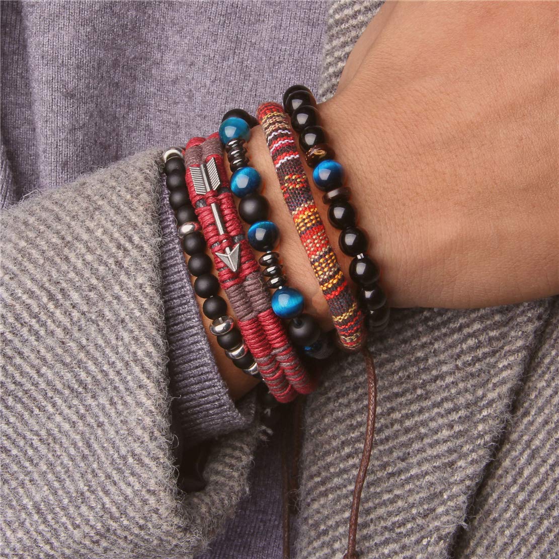 WAINIS Braided Leather Bracelets for Men Women Wrap Tiger Eye Lava Rock Beads Bracelet Woven Ethnic Tribal Rope Wristbands Brace