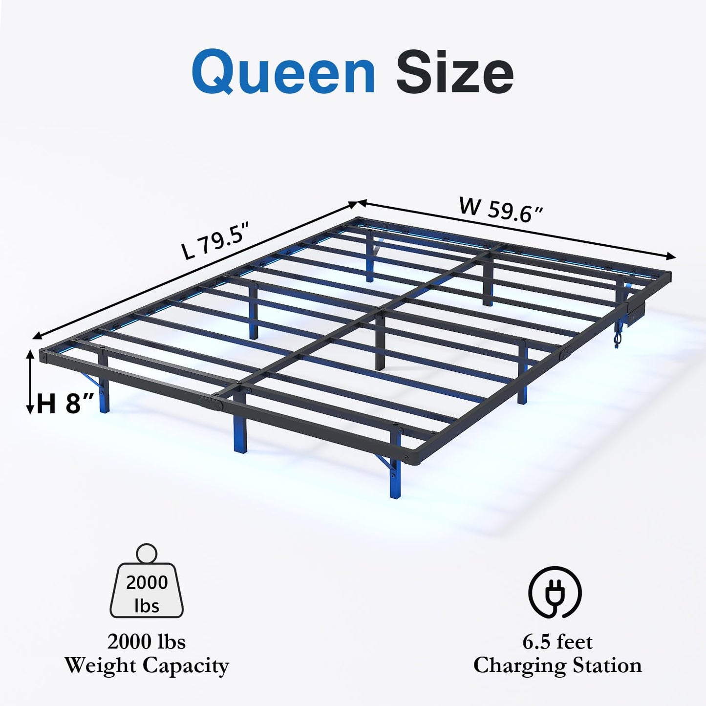 HAVONIZD Floating Bed Frame Queen with LED Lights and Charging Station - 8 inch Platform Bed Frame No Box Spring Needed, Easy Assembly