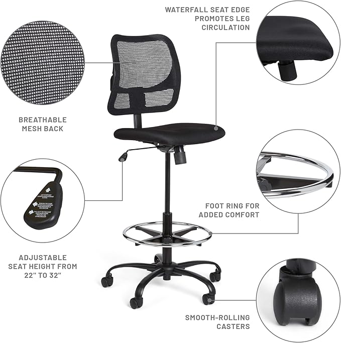 Safco Vue Office Chair, Heavy Duty Stool, 250 lbs Capacity, Ergonomic Mesh Back, 360 Swivel Seat, 5-Star Base, Black