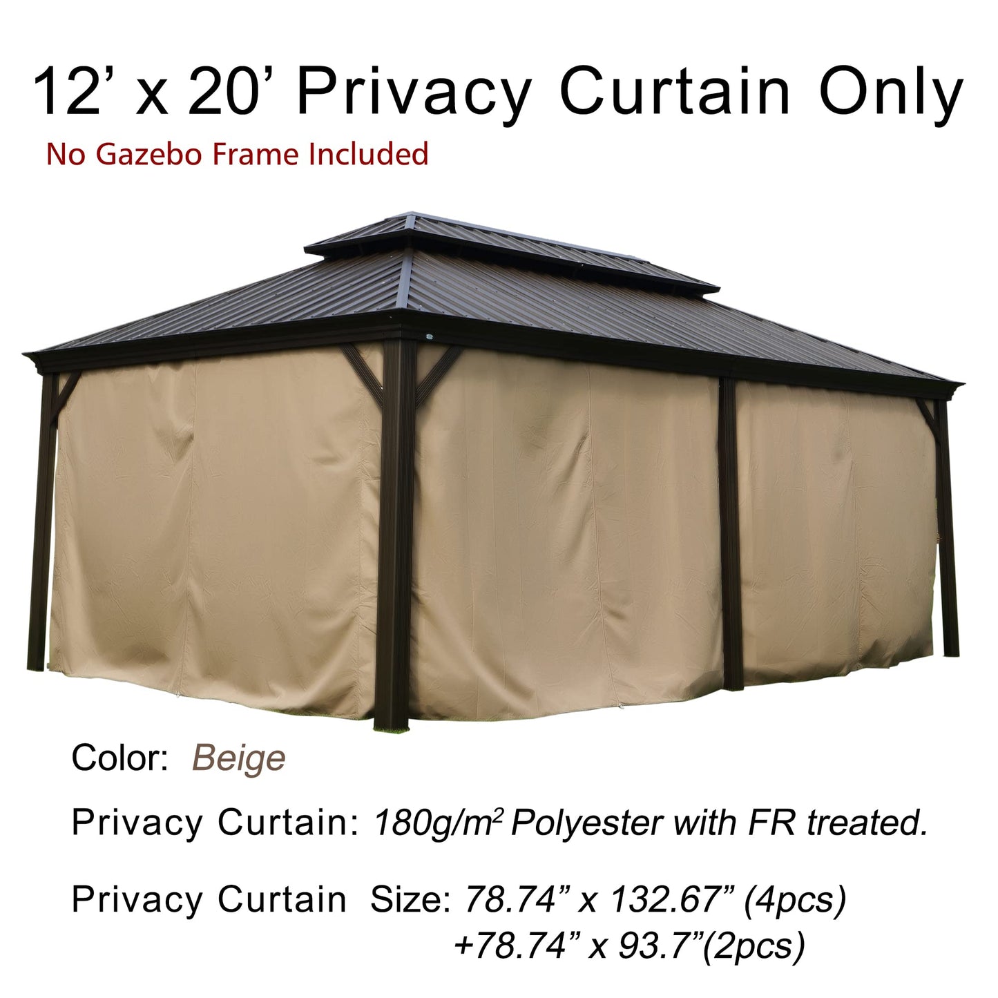 Kozyard Privacy Curtain Outdoor Waterproof Sidewall for Hardtop, OEM Replacement for Patio Gazebo Curtains - Alexander, Caesar, Rosana, Apollo (12ft x 20ft, Brown)
