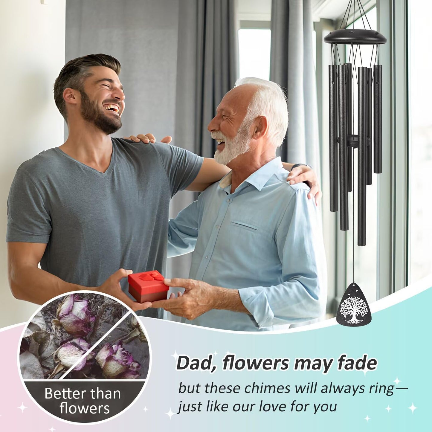 Gifts for Dad, 25'' Dad Wind Chimes, Dads Birthday Gift from Daughter Son, Present for Father, Husband, Men, Dad Gift Ideas Wind Chimes for Christmas Thanksgiving, Black