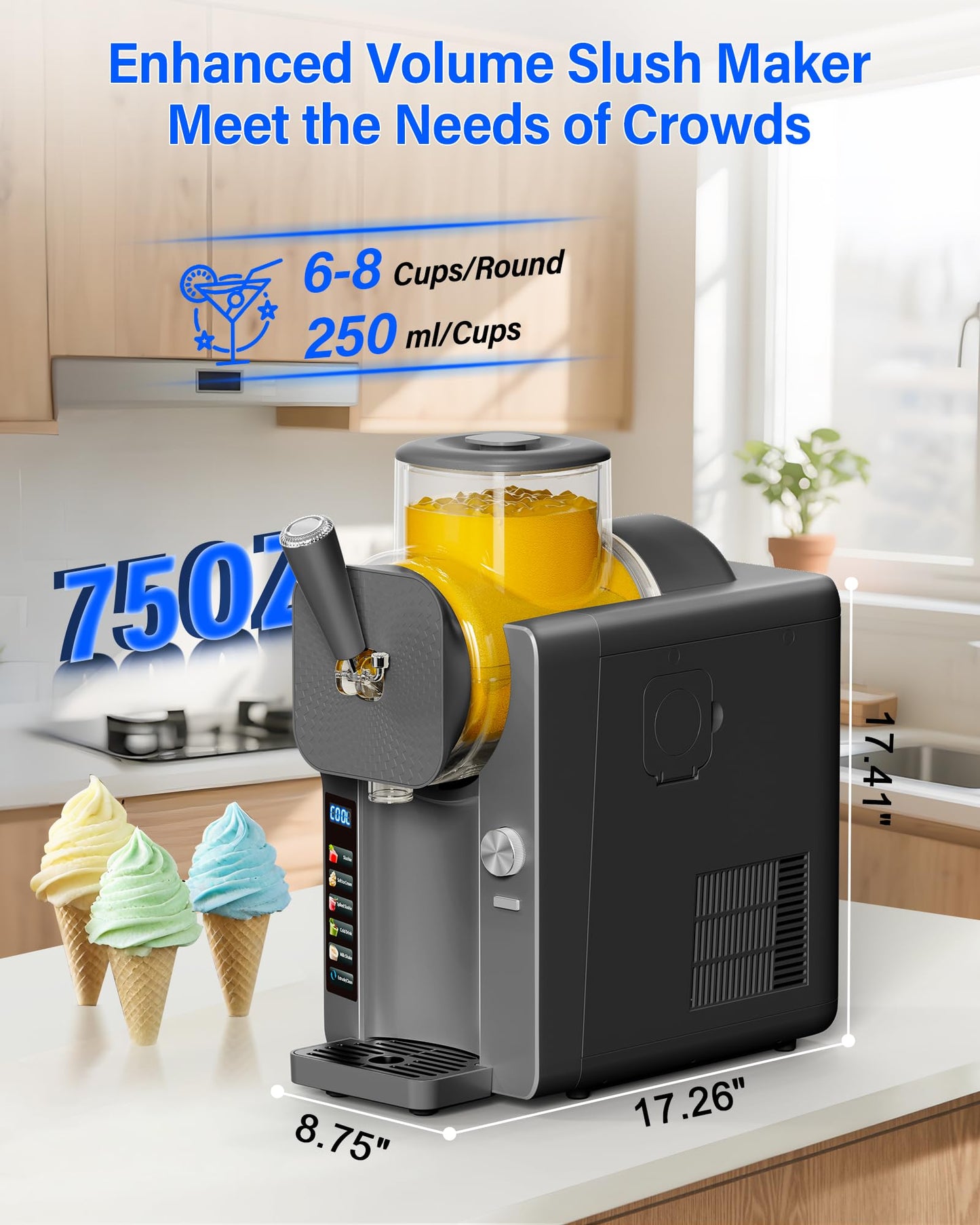2-IN-1 Slush Machine & Ice Cream Maker Machine, 6 Modes for Smoothies, Milkshakes, Cocktails, Margarita, and Ice Cream, Double-Layer Tank, With Ice Cream Cone Holder, Self-Cleaning, For Home Use, Grey