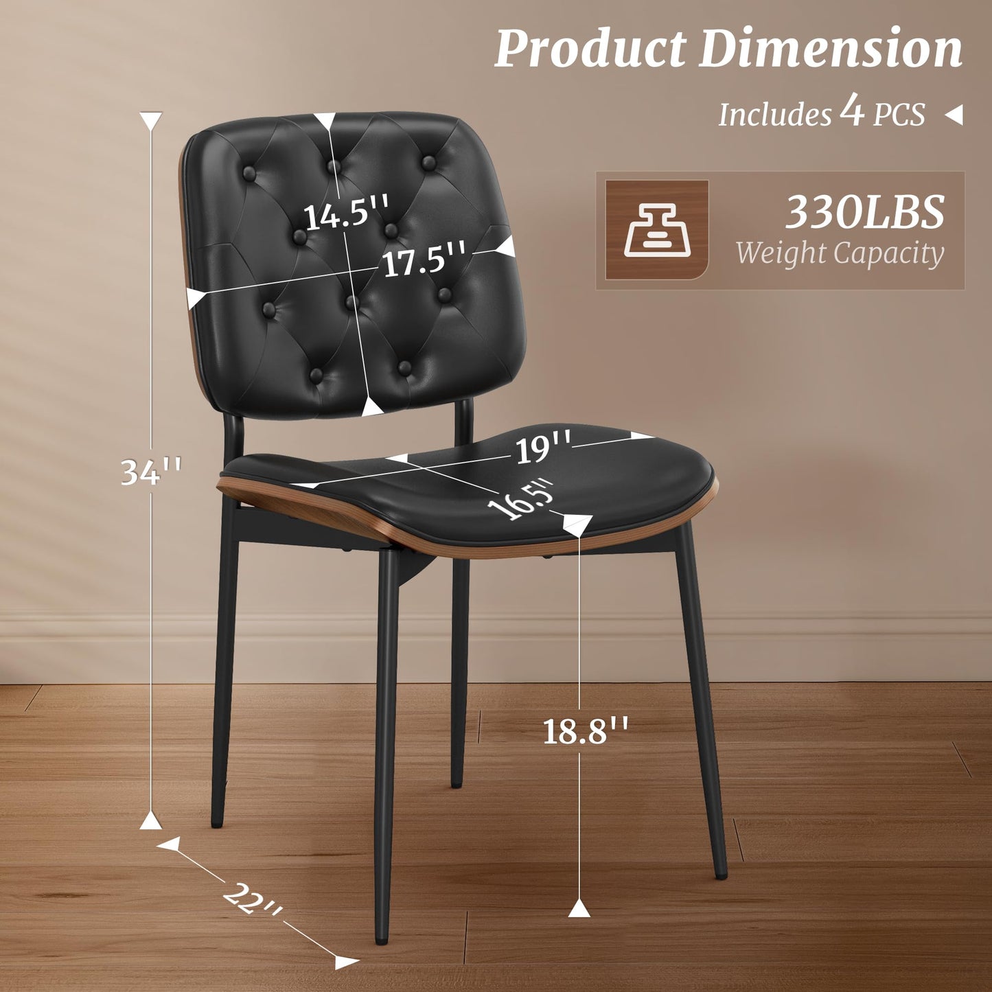 Cozyman Dining Chairs Set of 4, Mid-Century Modern PU Leather Dining Chair with Walnut Bentwood Back and Metal Legs, Upholstered Seat for Kitchen and Dining Room, Black