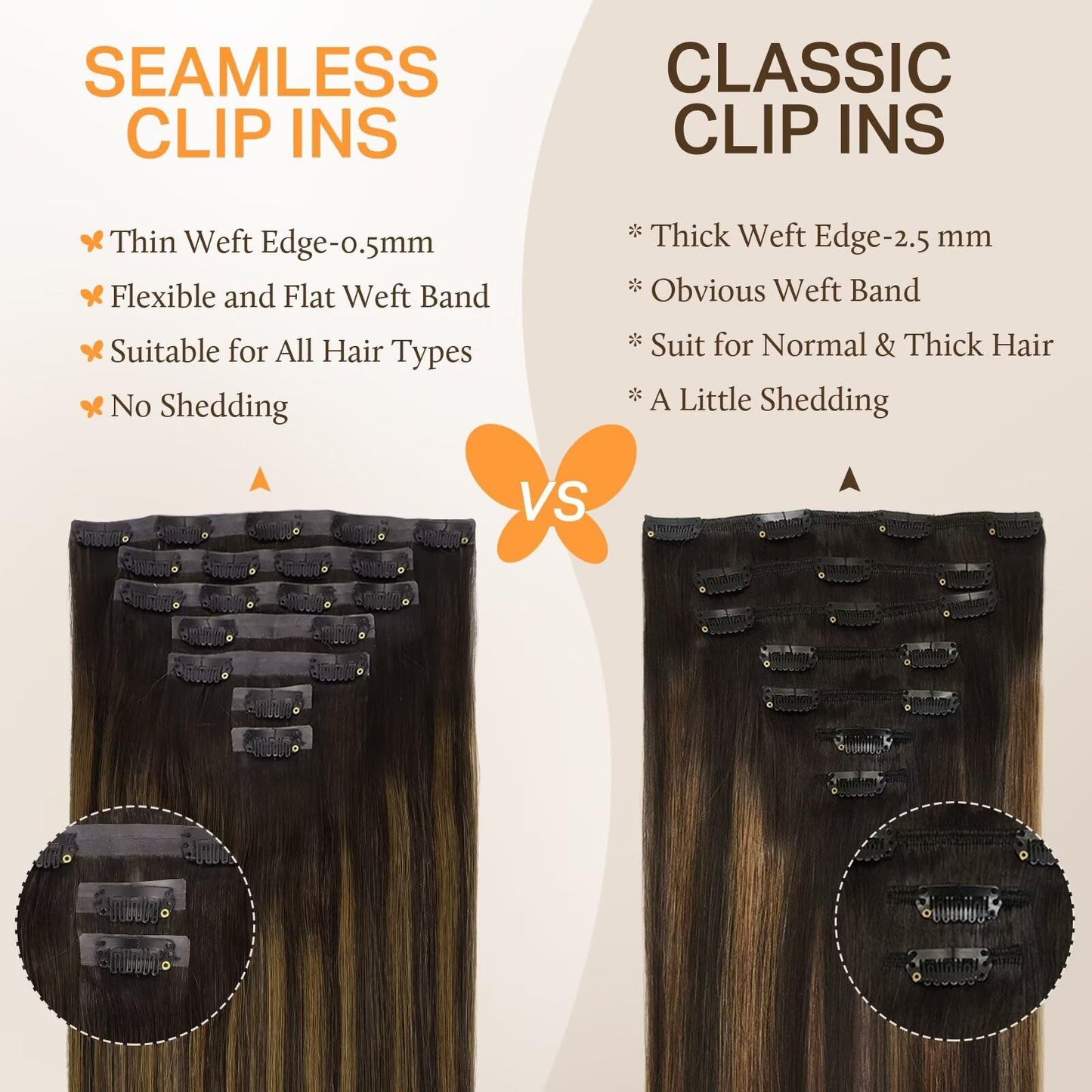 DOORES Clip in extensions - Real Human Hair with Invisible Edge, Dark Brown to Chestnut Brown 22 Inch 150g 7pcs, Straight Natura
