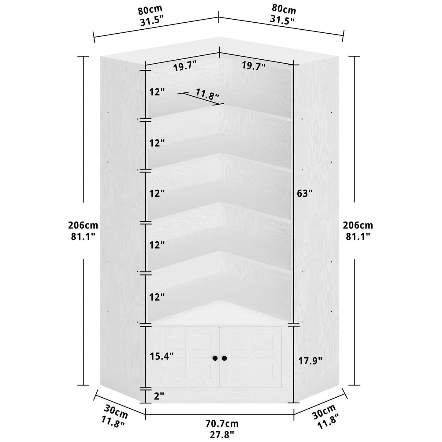 IRONCK 81" Corner Bookshelf with Door, 6 Tiers Large Bookshelves with Storage Rack, Tall Bookcase for Living Room Home Office, White