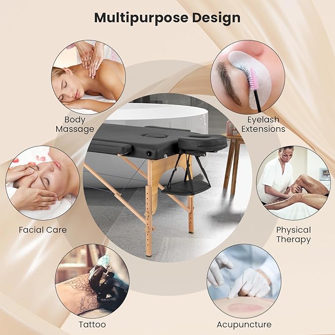 Giantex Massage Table, Portable Massage Bed w/Carrying Case, 2-Section Salon Spa Facial Care Tattoo Bed, Height Adjustable, Wood Frame, Professional Massage Lash Bed for Eyelash Extension (Black)