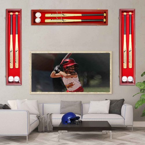 NRZSSN 2 Baseball Bat Display Case Wall Mount - Vertical/Horizontal Cherry Wood Frame w/ 98% UV Protection & Lock | Acrylic Door Shadow Box for 2 Bats