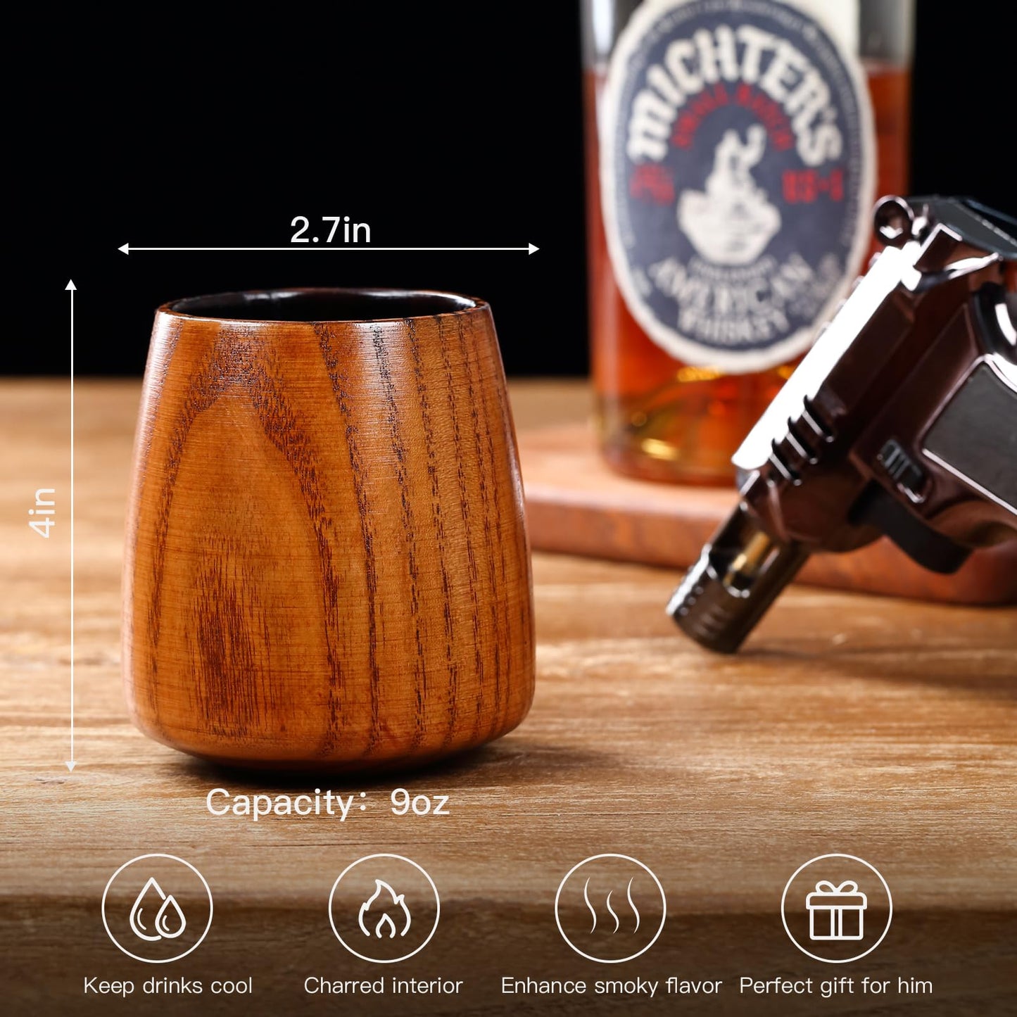 Wooden Whiskey Glass Set – 9oz Handcrafted Wooden Bourbon Tumblers with 6 Stones & A Stainless Steel Ice Tongs, Natural Charred Finish – Perfect Whiskey Gift for Dad Husband Brother Boyfriend