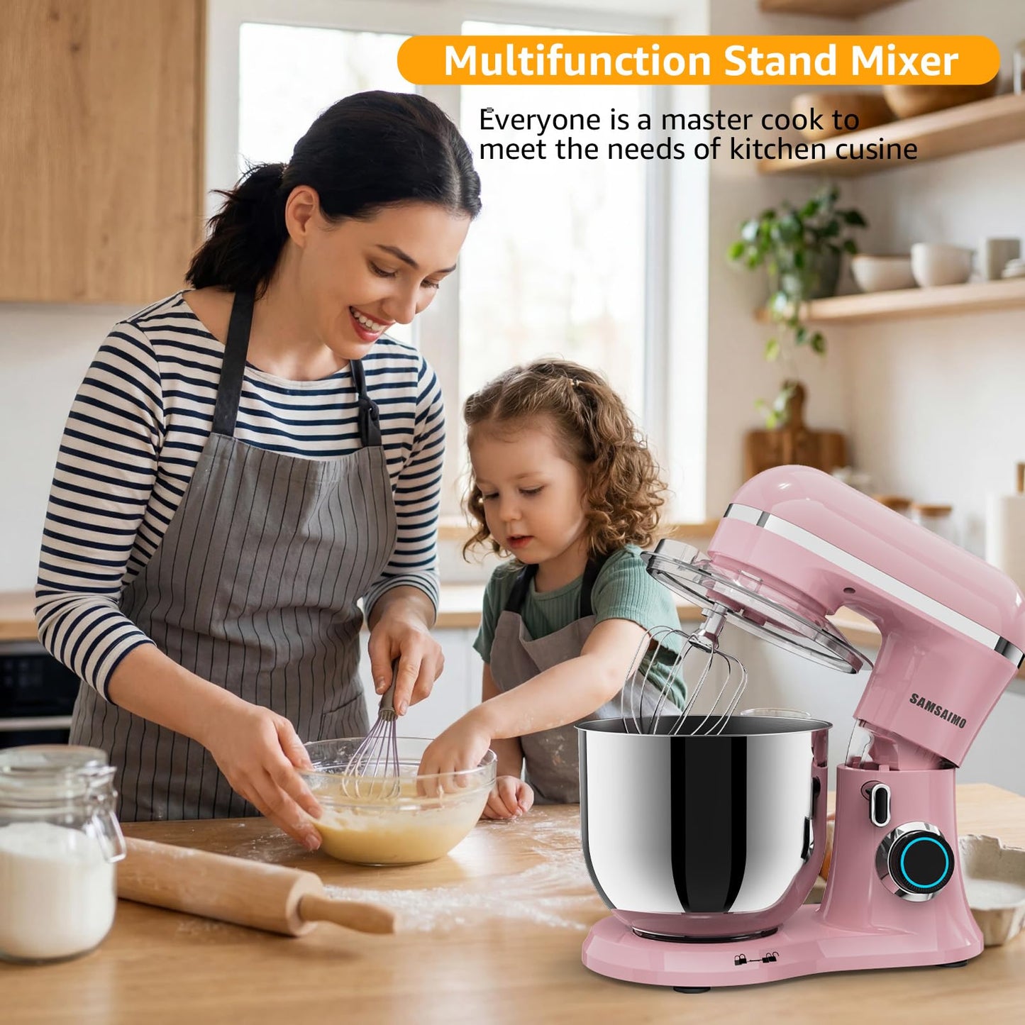 SAMSAIMO 3-IN-1 Electric Stand Mixer, 10-Speed With Pulse Button, Attachments include 6.5QT Bowl, Dough Hook, Beater, Whisk for Most Home Cooks, Sakura Pink