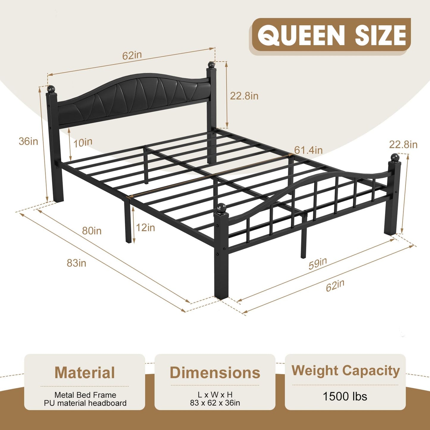 Bed Frames Queen Size with Headboard, Noise-Free Design Heavy Duty 1500lbs Support Tool-Free in 20 Min, No Box Spring Needed 12" Under Storage
