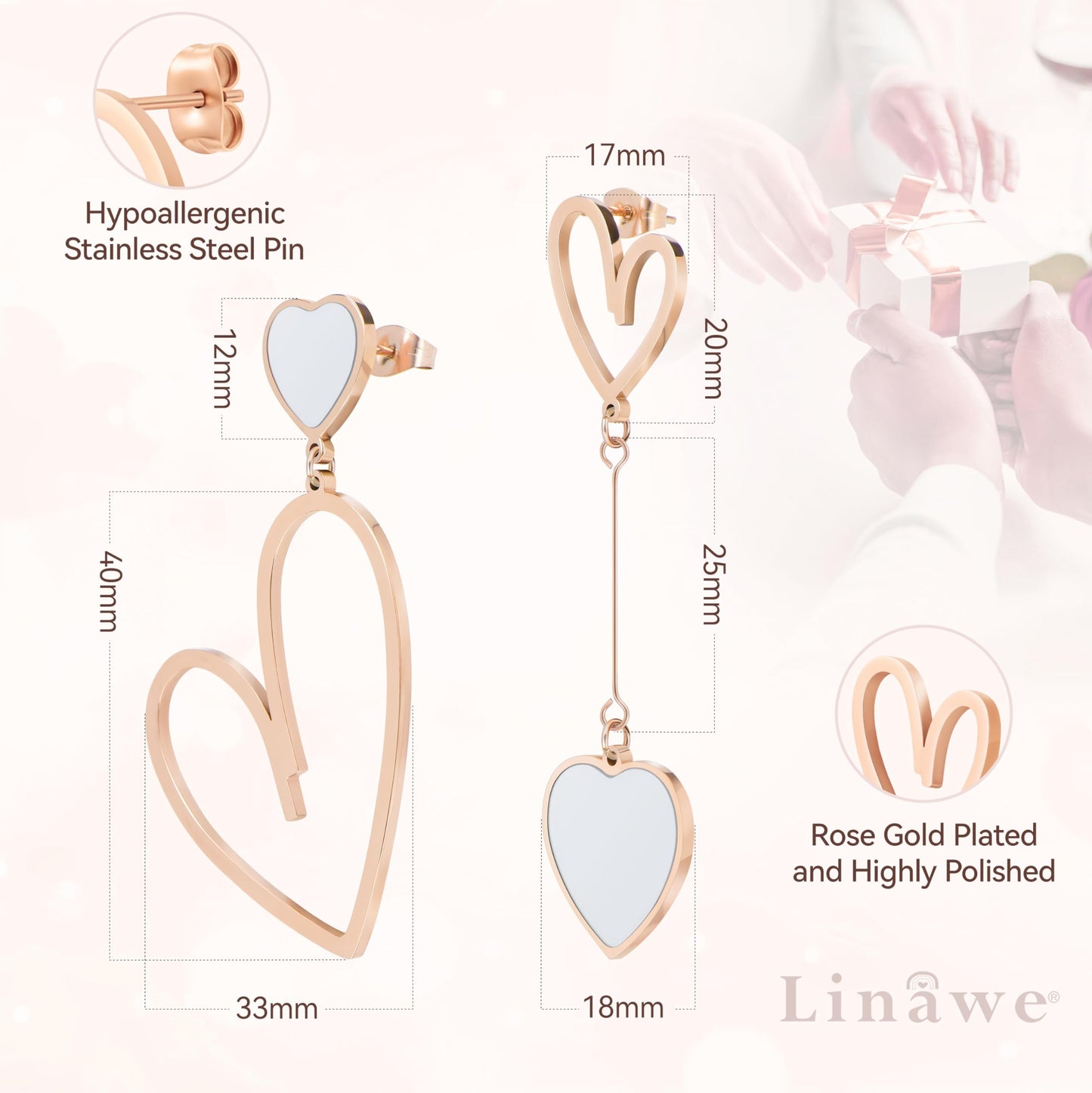 Linawe Rose Gold Heart Earrings for Women, Titanium Stainless Steel Drop Dangle Earrings, Hypoallergenic Unique Big Asymmetrical