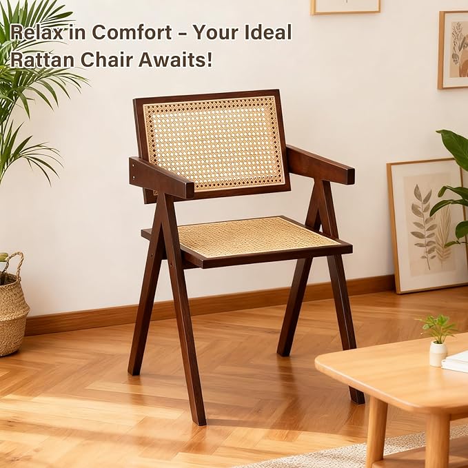 Furlide Rattan Accent Chairs, Modern Mid Century Dining Chairs Set of 4, Comfy Armchairs, Outdoor Rattan Chairs with Armrest for Bedroom Living Room Reading Room Dining Kitchen, Brown