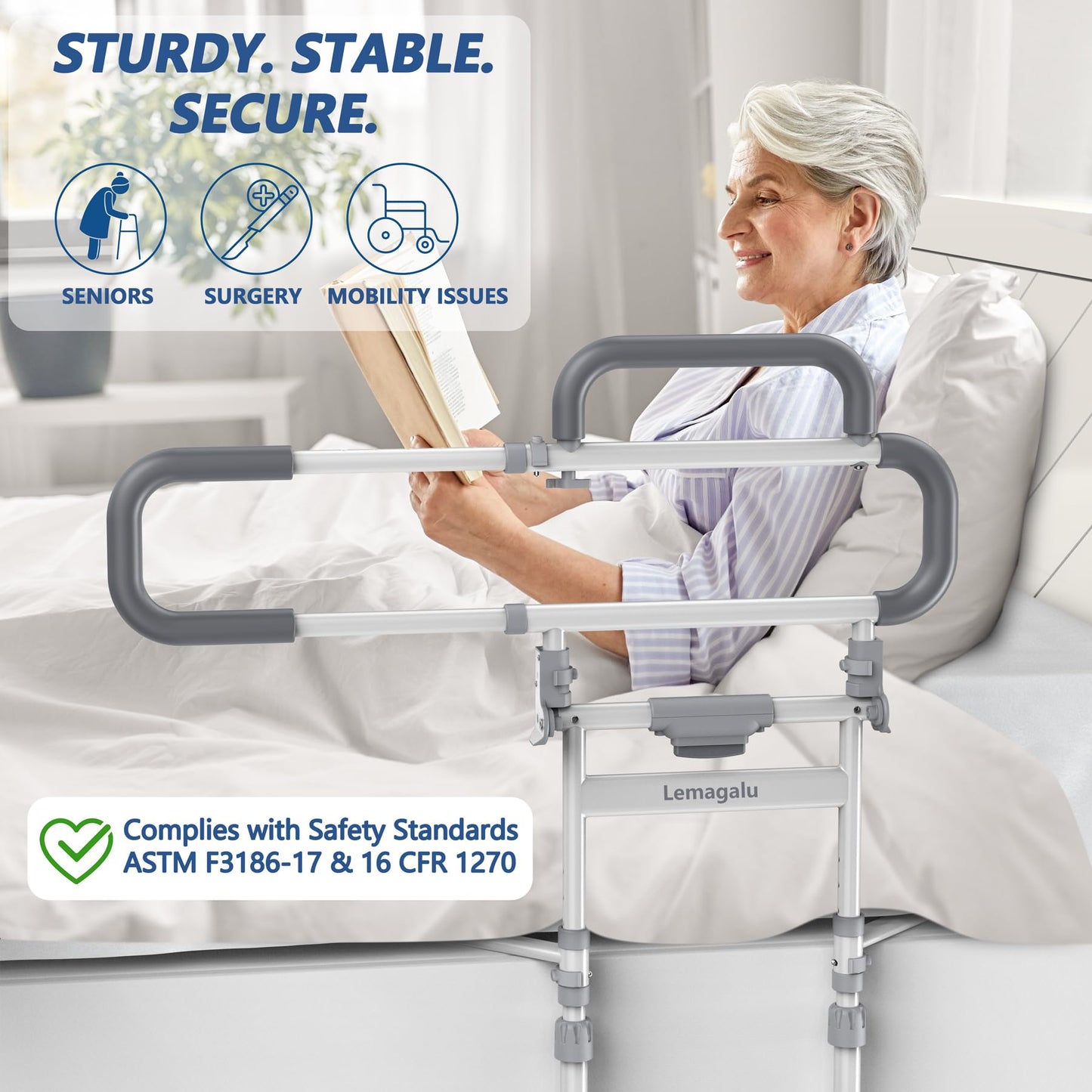 Lemagalu Heavy Duty Bed Rails for Elderly Adults Safety-Foldable Bed Rail for Senior with Adjustable Heights Fits All Bed Sizes๏ผBed Handle Bedside Assist with Pocket -504M (White and Gray)