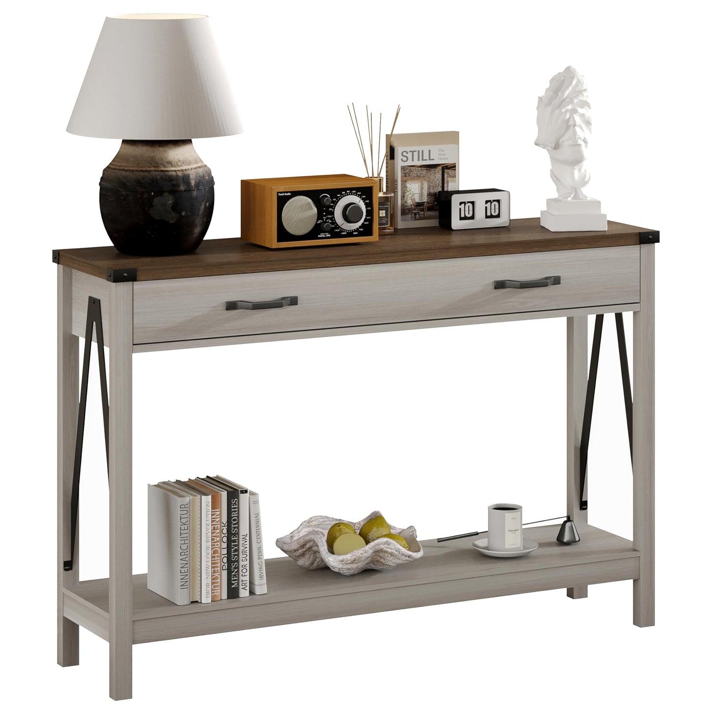 ChooChoo 47'' Farmhouse Console Table with Drawer, Entryway Table with Storage Shelf, Rustic A-Design Sofa Table for Hallway, Entrance, Living Room, White&Brown