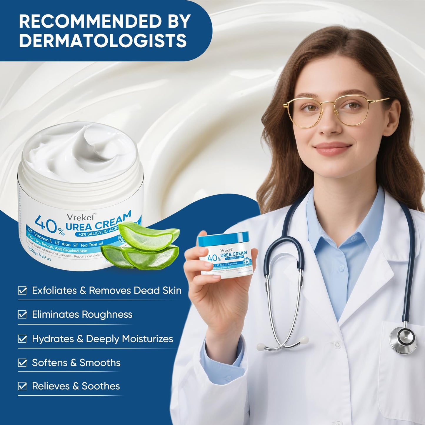 VREKEF Urea Cream 40% Plus Salicylic Acid 2%, Urea Cream 40 Percent for Feet Maximum Strength, Foot Cream for Dry Heels Cracked