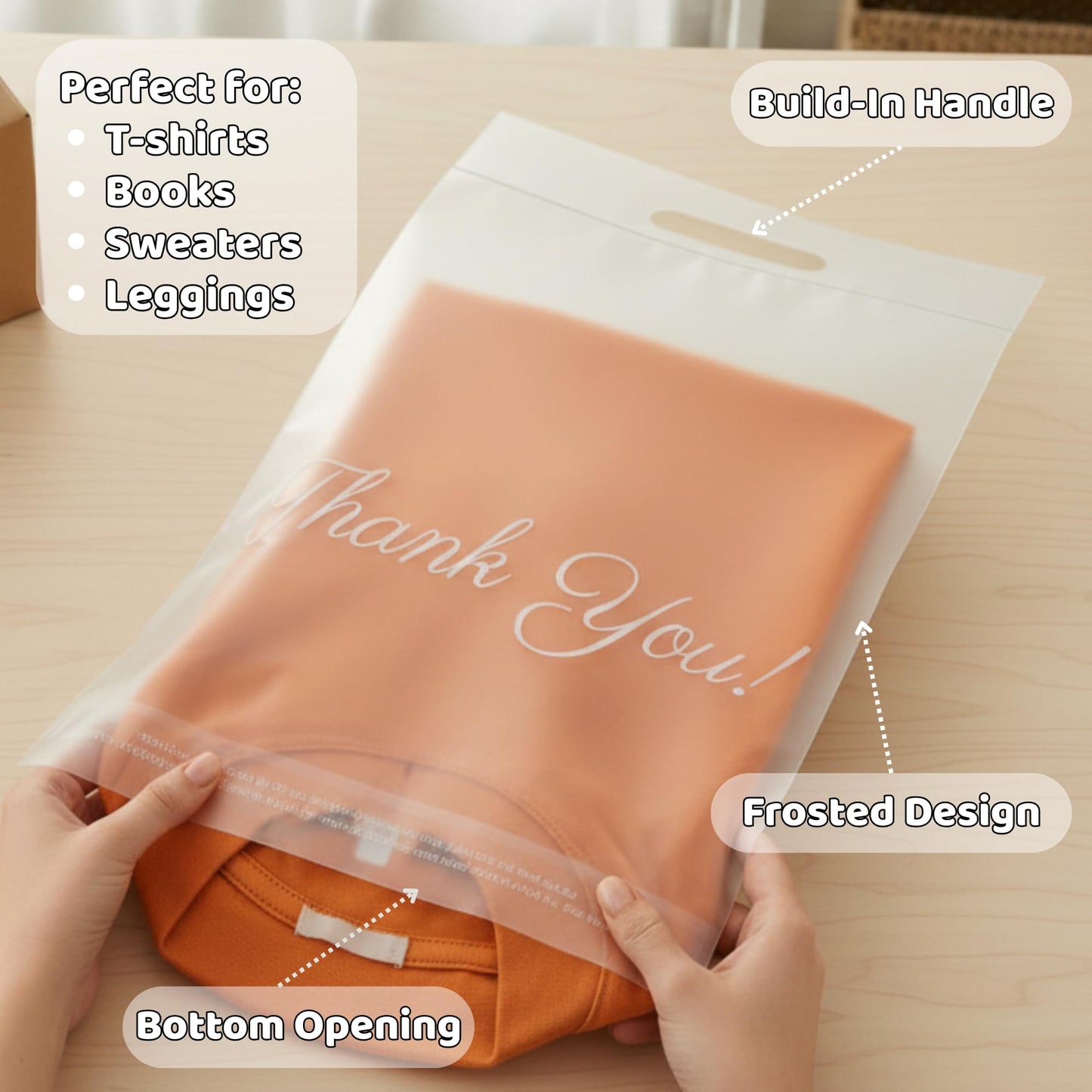 Donyson Frosted T-shirt Bags 10x13, 100 Shipping Bags for Clothes, Thank You Poly Mailers, Envelope Mailers for Small Business, Shipping Envelopes with Handle