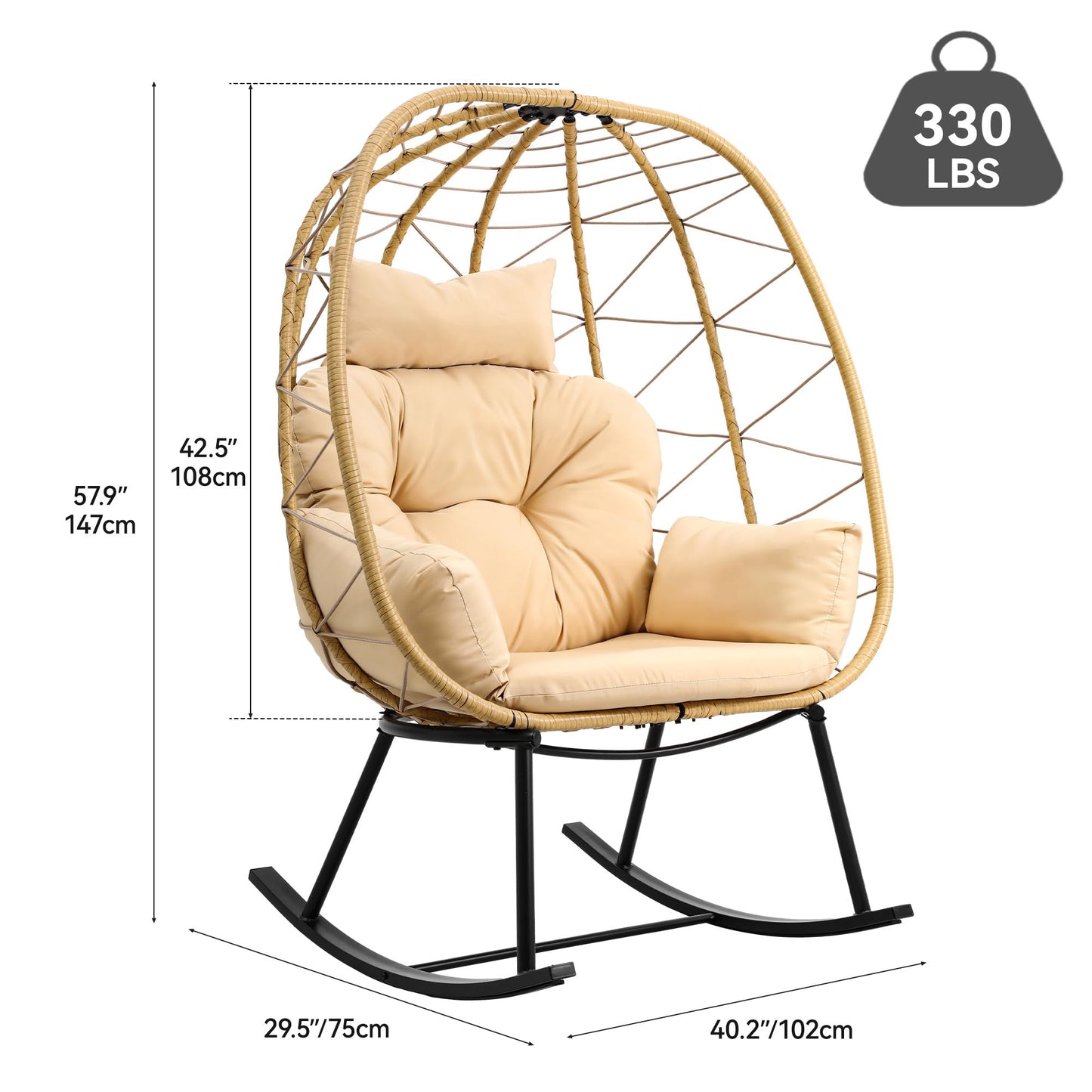 YITAHOME Wicker Rocking Egg Chair, Outdoor Patio Rocking Chair with Cushioned Comfort, 330lb Capacity, Anti-Slip, All-Weather Resilient Egg Lounger Chair for Indoor & Outdoor Relaxation Spaces, Beige