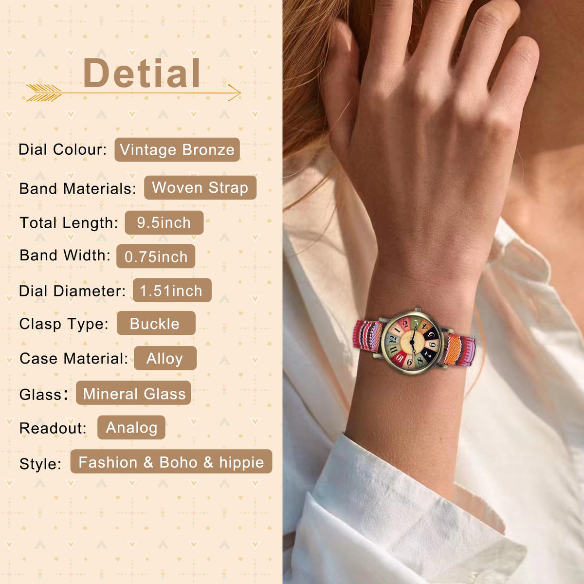 AstraMinds Ladies Wrist Watches for Women - Boho Hippie Large Surface Watches, PU Leather Woven Rainbow Watch Mother‘s Day Gift for Women Adults Mother (Warm Red)