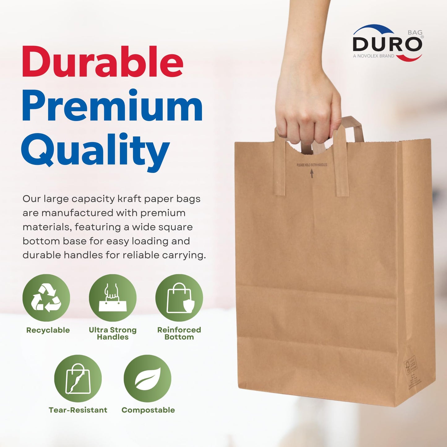 DURO 70# Brown Grocery Bags with Handles Bulk 50 Pack 12x7x17 Inch Kraft Paper bags for Grocery, Retail, Party, Shopping, Gift, and Takeout Use, Heavy-Duty Large Brown Kraft Bag for Packaging