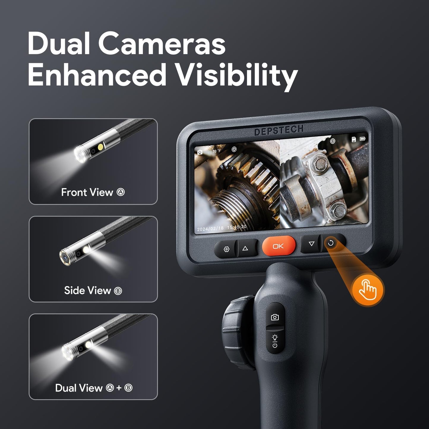 DEPSTECH Dual Lens Two-Way Articulating Borescope Camera with Light, 4.5" Screen and 5FT Flexible Snake Scope Industrial Endoscope, Inspection Video Camera Tool for Wall, Engine, Auto, Mechanics