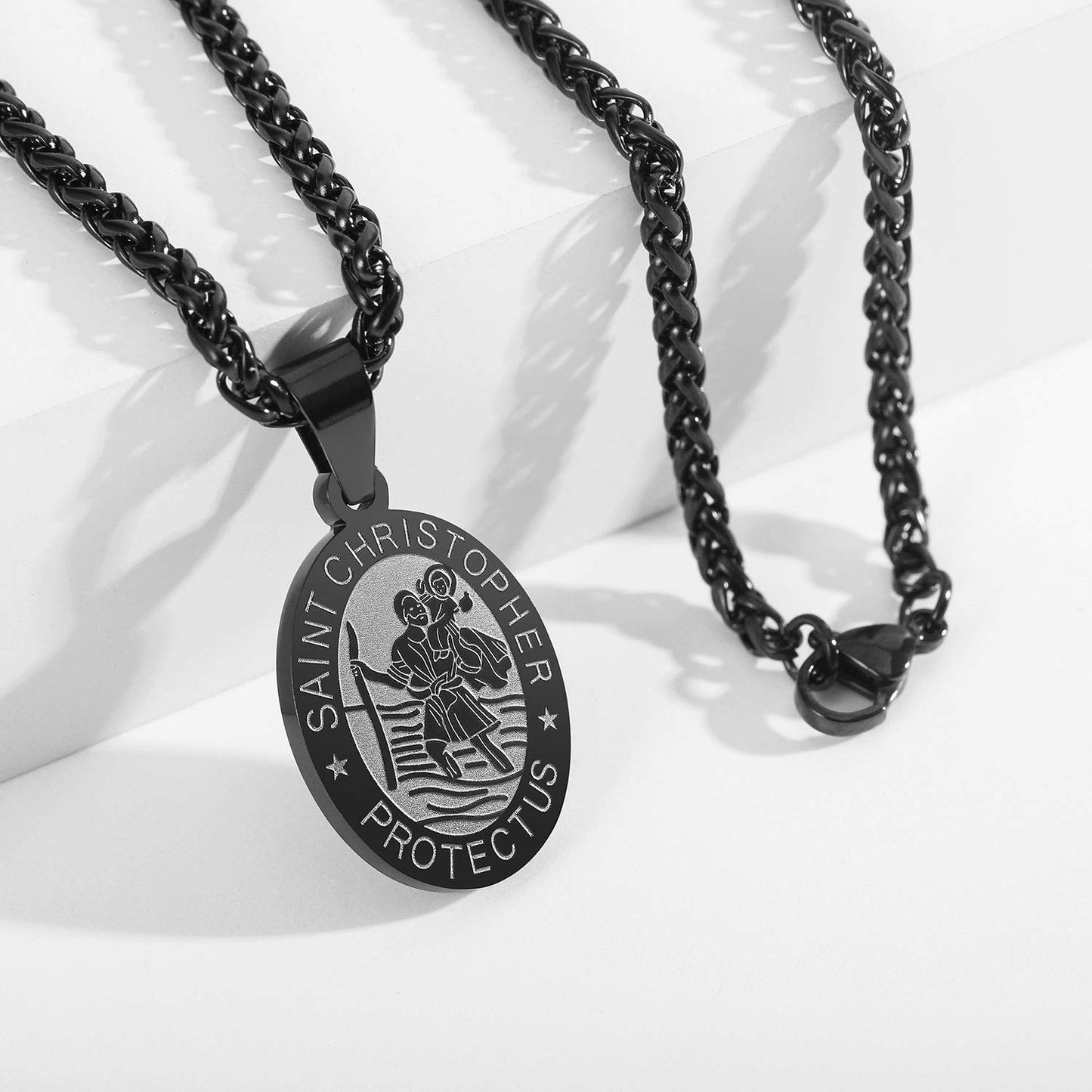 Zocomi Black Saint St Christopher Medal Necklace for Men Boys, St. Patron Pendant Chain Jewelry Catholic Christian Religious Bap
