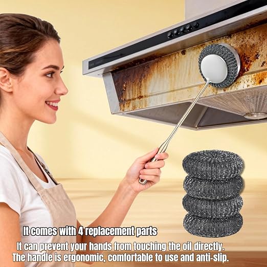 Steel Wool Scrubber with Handle: 7Pcs Stainless Steel Scrubber Brush Set – 1 Long Brushes,1 Short Brushes,4 Replaceable Pads,1 Screwdriver for Home Cooks,BBQ Enthusiasts,Anti-Scratch,for Kitchen