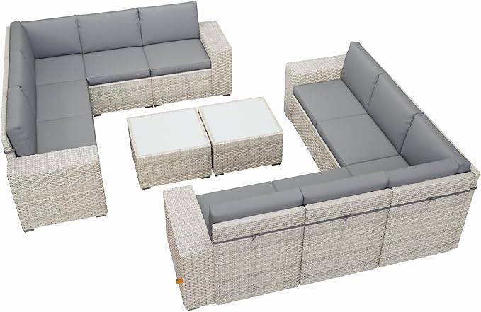 Broivira 12 Piece Patio Furniture Set, 9.8" Wide Arm Sectional Sofa with Storage Armrests, All-Weather Rattan Outdoor Conversation Set for Garden, Porch, Lawn, Backyard, Balcony, Grey