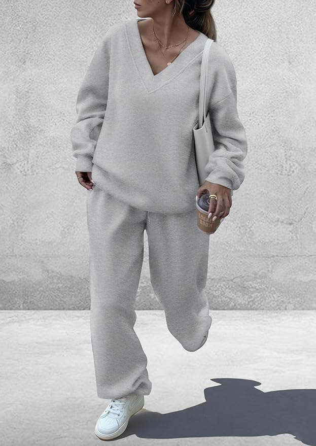 PRETTYGARDEN Casual Winter Two Piece Sets for Women 2026 V Neck Sweatshirt Loose Wide Leg Pants Tracksuit Knit Fall Outfits