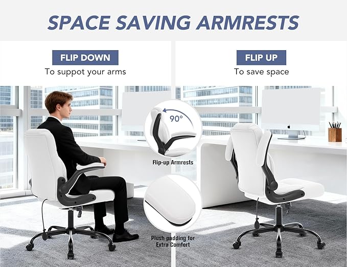 Office Chair with Adjustable Inflatable Lumbar Support,Leather Ergonomic Computer Desk Chair with Flip-up Arms,Adjustable Tilt Lock,Swivel Rolling Executive PC Chair for Work,Study,Meeting.White