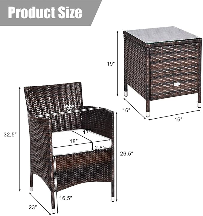 HAPPYGRILL 3-Pieces Patio Furniture Set Outdoor Wicker Rattan Conversation Set with Coffee Table Chairs & Thick Cushions Bistro Sets for Patio Garden Lawn Backyard Pool