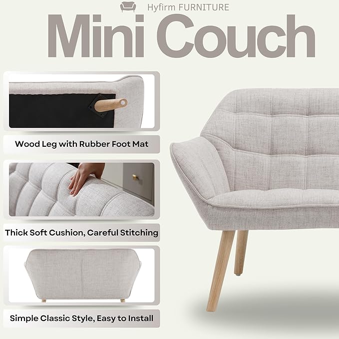 Hyfirm Loveseat Sofa, 48 inch Love Seat for Living Room Comfy Linen Small Couch with Wood Legs for Bedroom Small Space Apartment Office, Beige