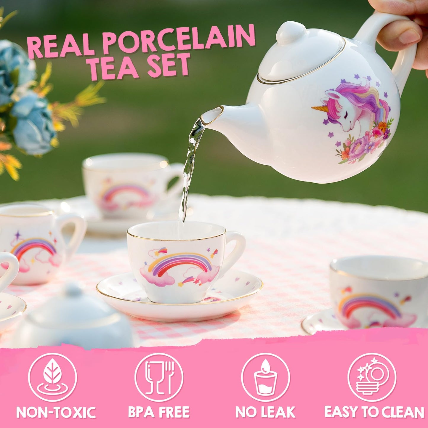 Tacobear Porcelain Tea Set for Girls Toys Unicorn Gift, 13pcs Tea Party Set with Teapot & Cup & Saucer & Suitcase, Kid Kitchen Pretend Playset Birthday Unicorn Toys for Girls 3 4 5 6-8