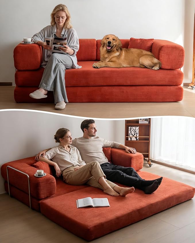 No Assembly Convertible Sofa Bed & 79" Boneless Couch with Pocket , 5-in-1 Futon Sofa Bed with 2 Pillows Modular Pull Out Couch Bed with Frame,Compression in Box for Living Room Small Spaces Orange
