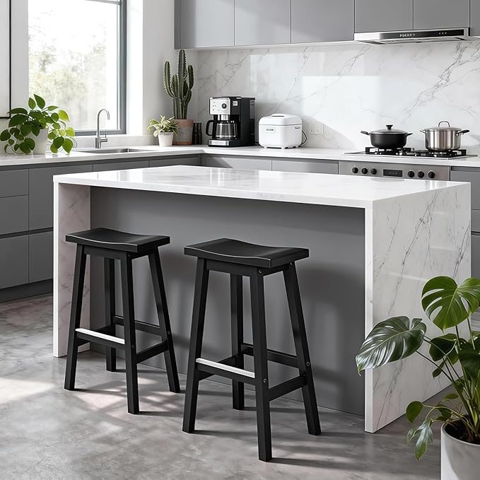PayLessHere Bar Stools Set of 2, Saddle Stools 30 Inch Heigh, Bar Chairs Seat with Footrests and Industrial, Kitchen Counter Stools for Restaurant, Bistro Bar and Home Dining