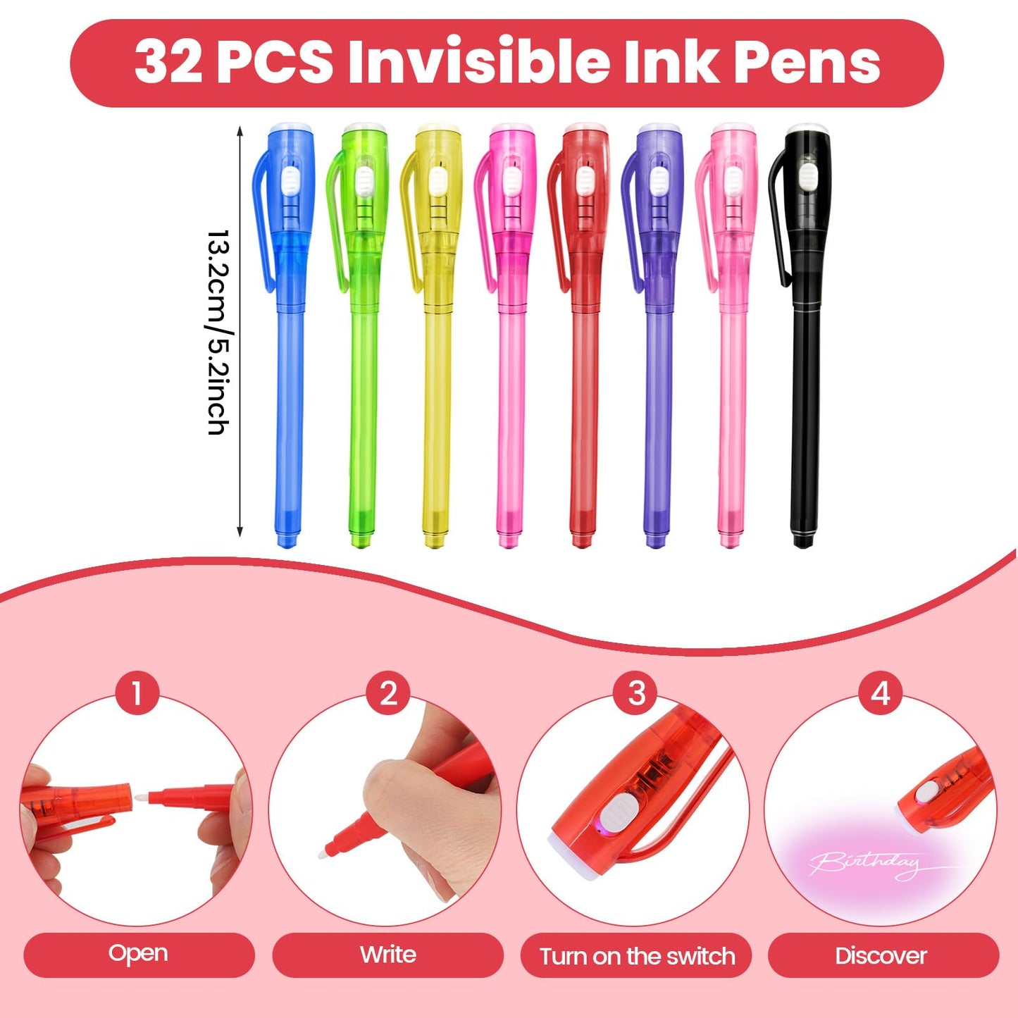 Invisible Ink Pens with UV Light,32PCS Spy Pens for Secret Messages,Party Favors Toys for Boys Girls,Magic Markers Classroom Prizes for Students,Birthday Christmas Party Toy Goodies Bag Gift for Kids