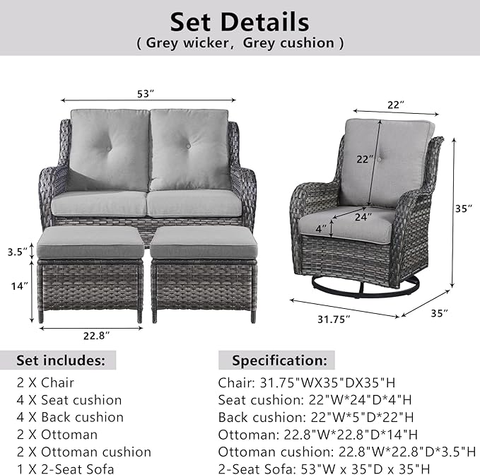 Belord 5 Piece Outdoor Patio Furniture Set - Wicker Furniture Patio Conversation Set, Outdoor Swivel Rocker Chairs with Loveseat Sofa and 2 Ottomans for Small Space, Gray Cushion