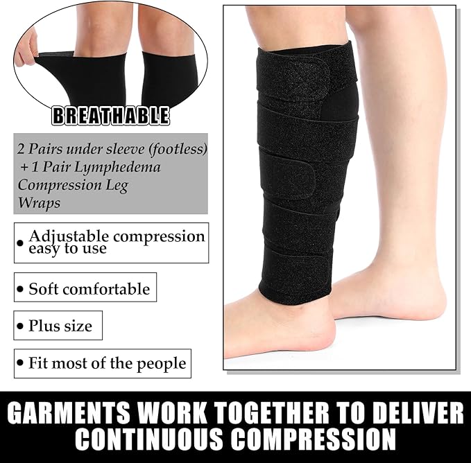 Croknit 3 Pairs Lymphedema Compression Leg Wraps Adjustable Lower Leg Cover up Medical Shin Splint Wrap for Heaviness Fatigue(Black)