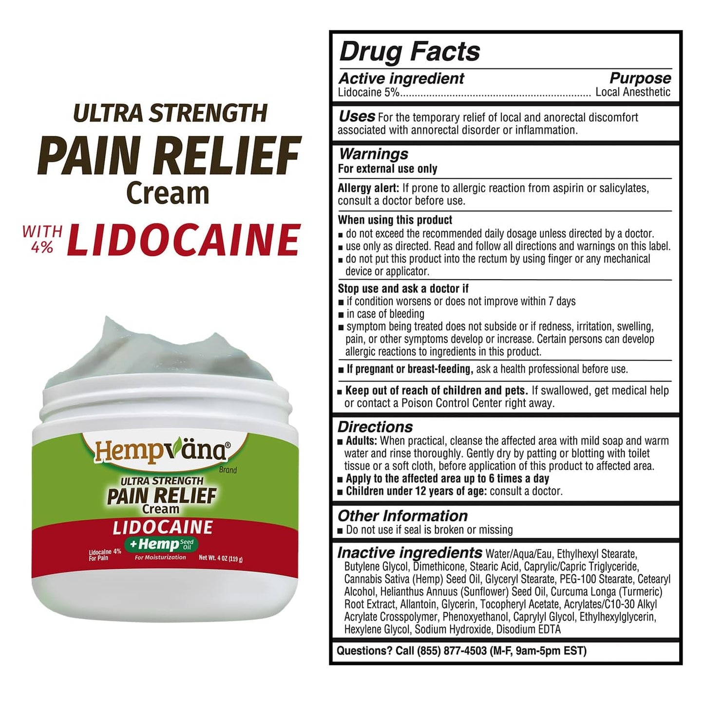 Hempvana Cream, Ultra Strength Lidocaine Relief of Sore Muscles, AS SEEN ON TV, Achy Knees, and More. Odor-Free & Enriched with Hemp Seed Oil, 4-oz jar