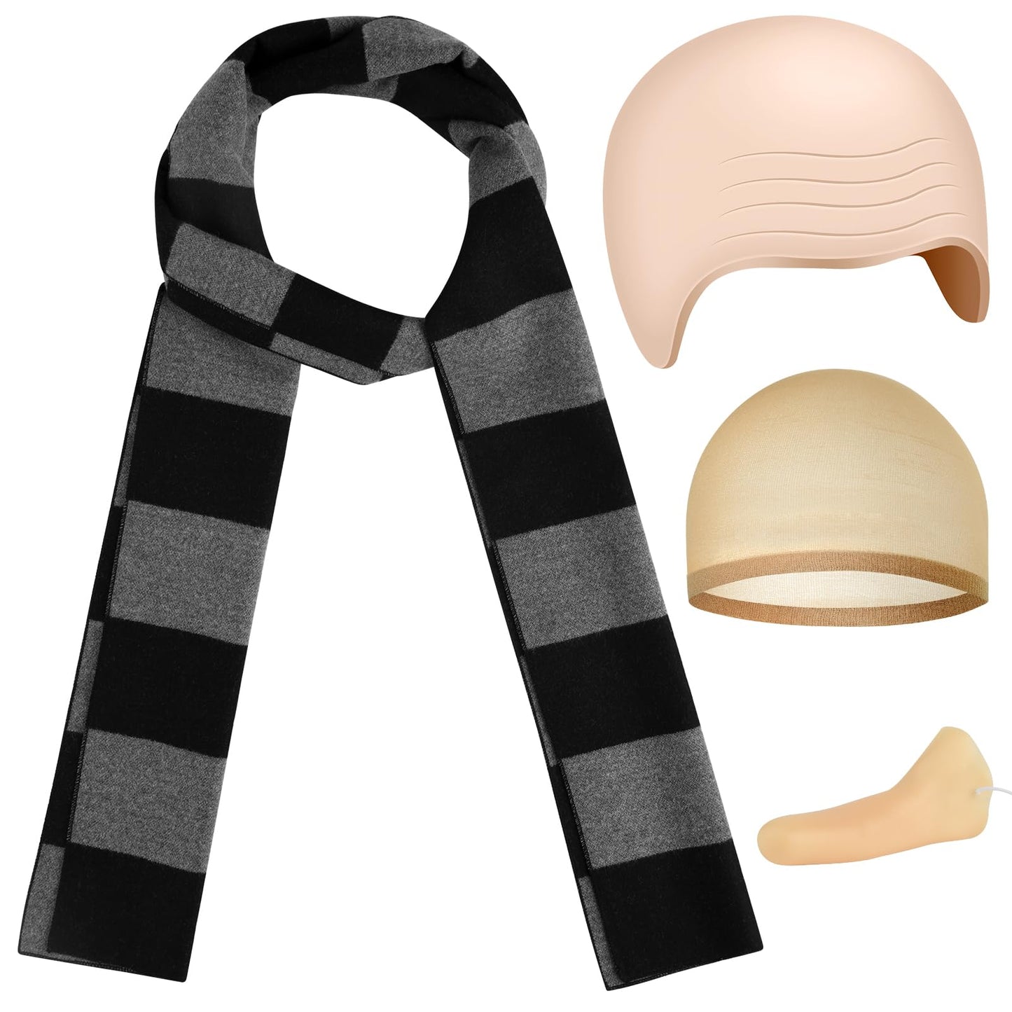 MEEZY 4 Pcs Cosplay Costume Accessories Adults Black Gray Striped Scarf with Nose Bald Cap for Men Halloween Cosplay Party Dress Up